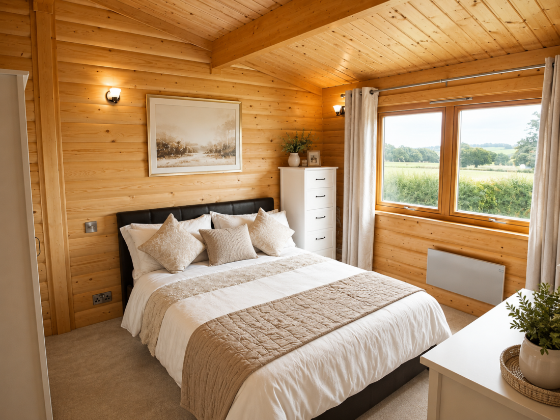 Cozy rustic bedroom with countryside view