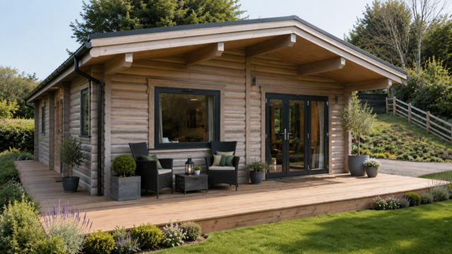 Modern rustic cabin with landscaped garden