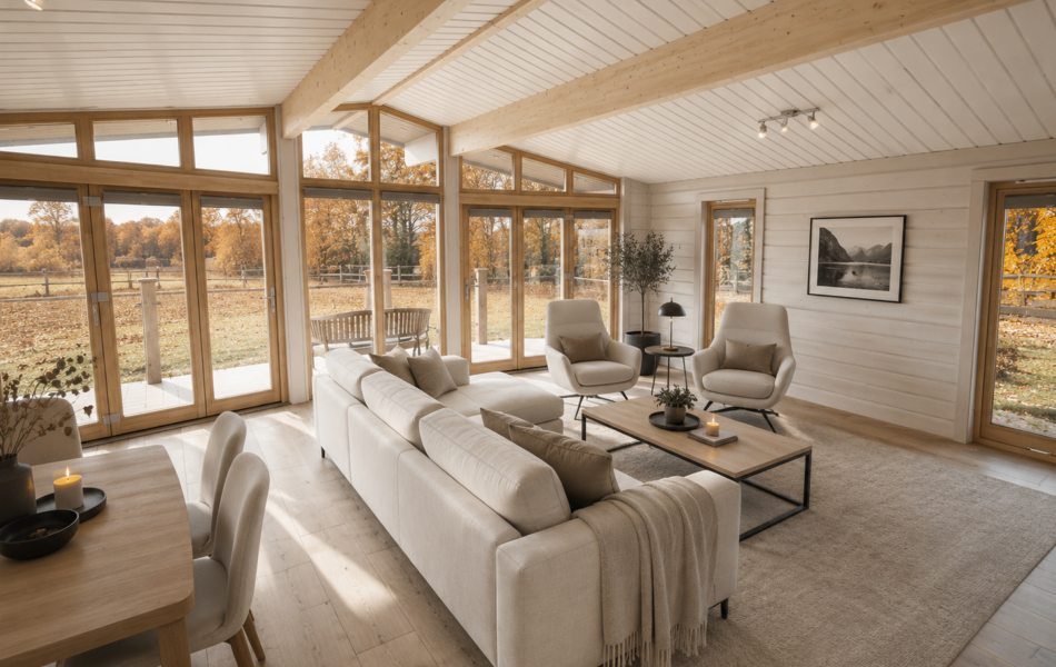 Cozy Scandinavian living room with autumn view