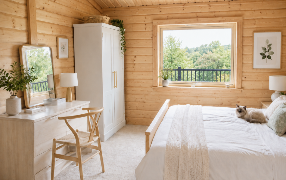 Cozy cabin bedroom with natural accents