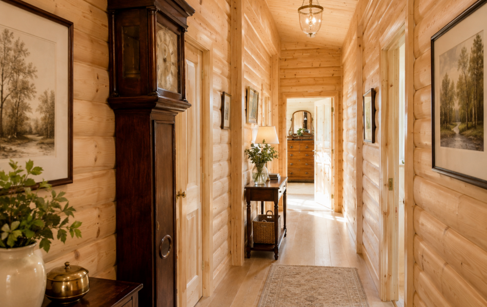 Cozy wooden cabin hallway interior